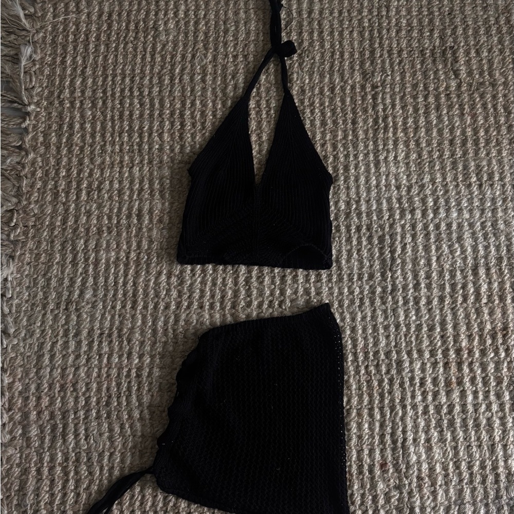 Crochet mini  Black Halter Top and Skirt Set